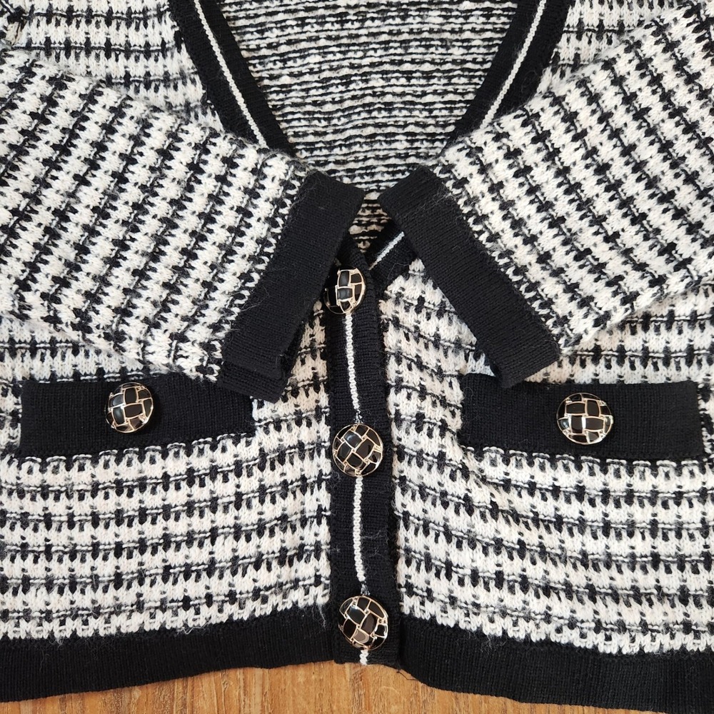 London Kaye Black White‎ Women's Cropped V-Neck Cardigan Buttons Large Office - Picture 5 of 15